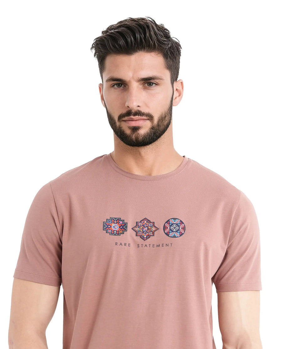 Rare Rabbit Men's Merlo Dusky Brown Cotton Blend Graphic Print Regular Fit Half Sleeve Crew Neck T-Shirt