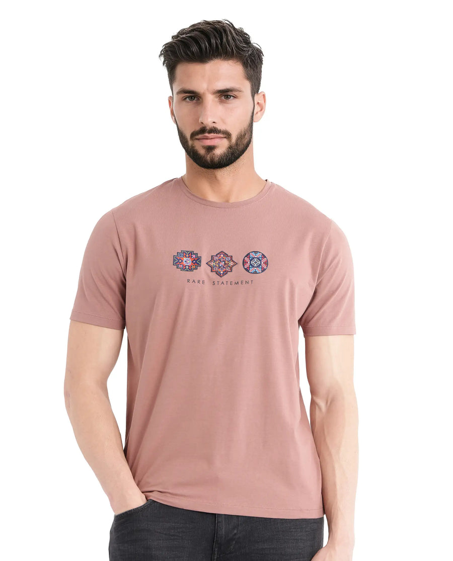 Rare Rabbit Men's Merlo Dusky Brown Cotton Blend Graphic Print Regular Fit Half Sleeve Crew Neck T-Shirt