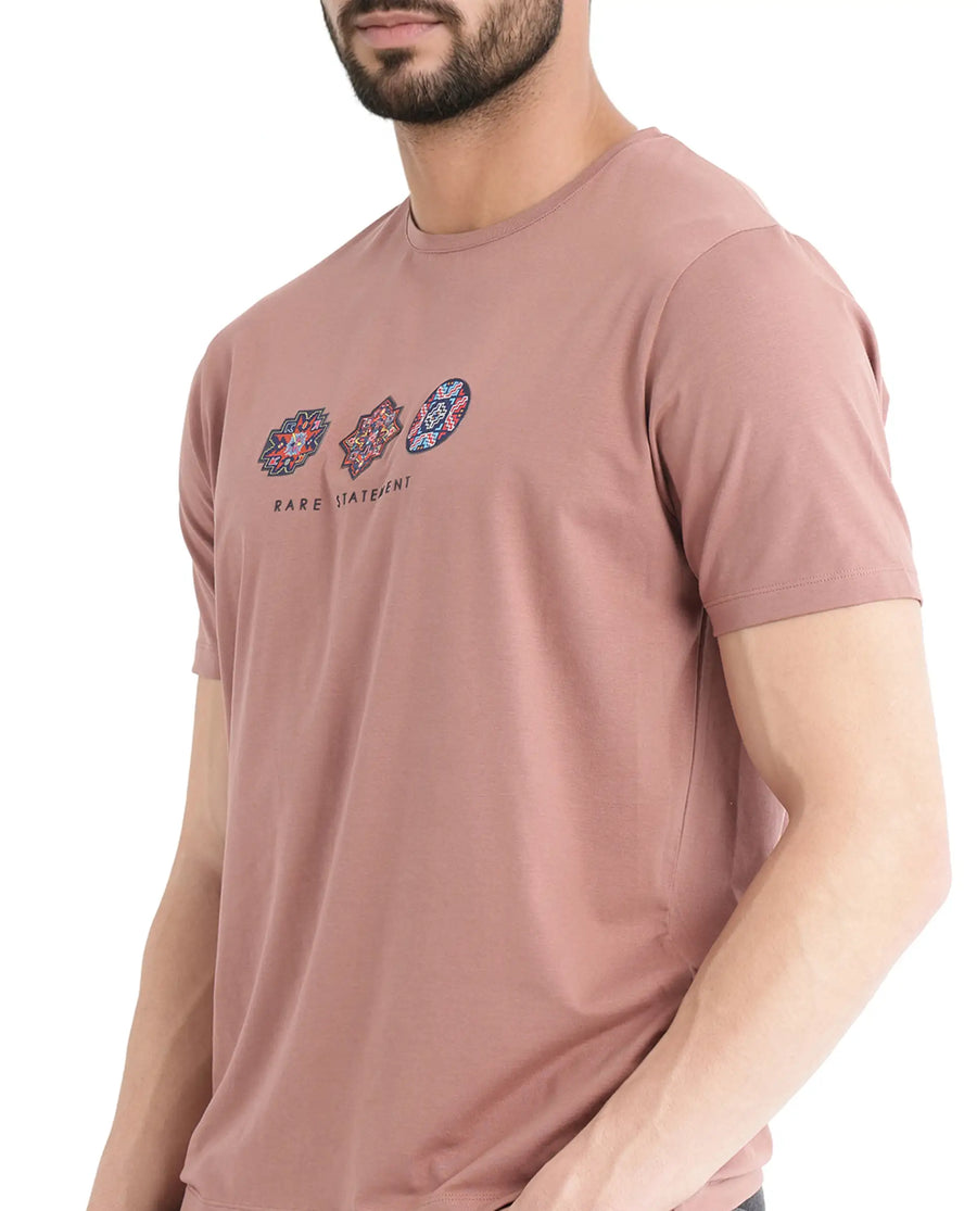 Rare Rabbit Men's Merlo Dusky Brown Cotton Blend Graphic Print Regular Fit Half Sleeve Crew Neck T-Shirt
