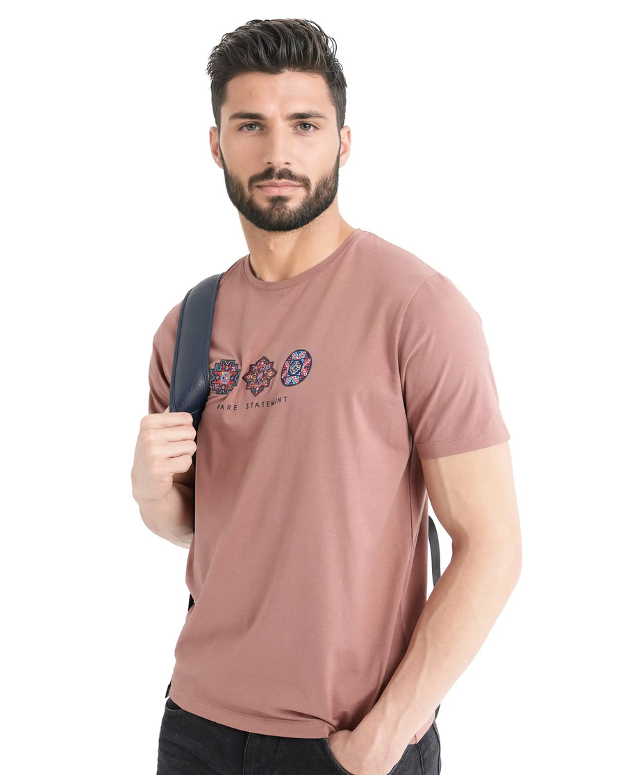 Rare Rabbit Men's Merlo Dusky Brown Cotton Blend Graphic Print Regular Fit Half Sleeve Crew Neck T-Shirt