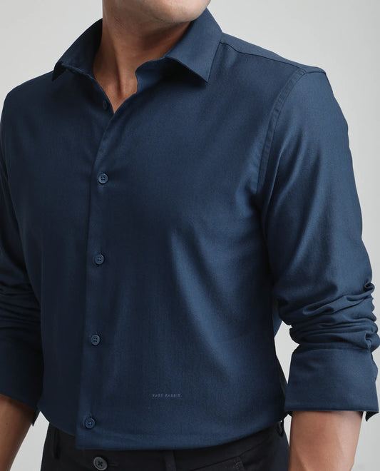 Rare Rabbit Men's Mero-25 Dark Blue Viscose Blend Plain Regular Fit Full Sleeve Collared Shirt
