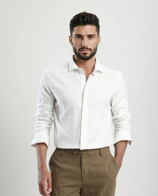 Rare Rabbit Men's Mero-25 White Viscose Blend Striped Print Regular Fit Full Sleeve Collared Shirt
