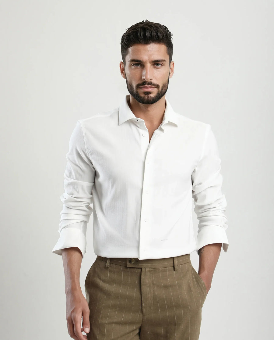 Rare Rabbit Men's Mero-25 White Viscose Blend Striped Print Regular Fit Full Sleeve Collared Shirt