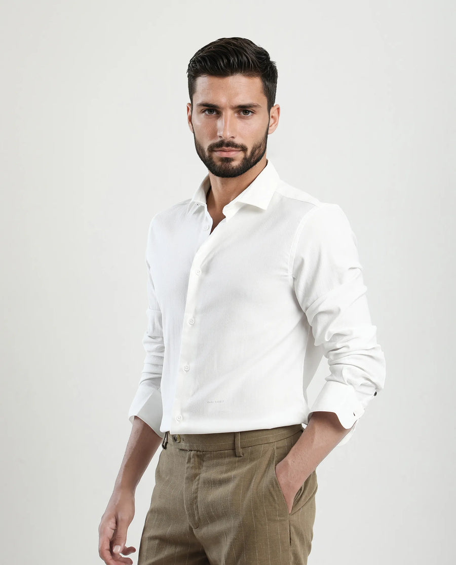 Rare Rabbit Men's Mero-25 White Viscose Blend Striped Print Regular Fit Full Sleeve Collared Shirt