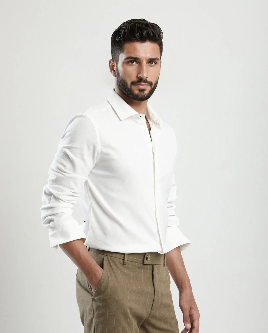 Rare Rabbit Men's Mero-25 White Viscose Blend Striped Print Regular Fit Full Sleeve Collared Shirt