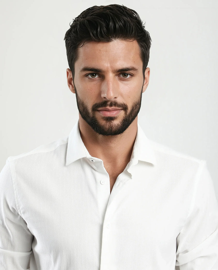 Rare Rabbit Men's Mero-25 White Viscose Blend Striped Print Regular Fit Full Sleeve Collared Shirt