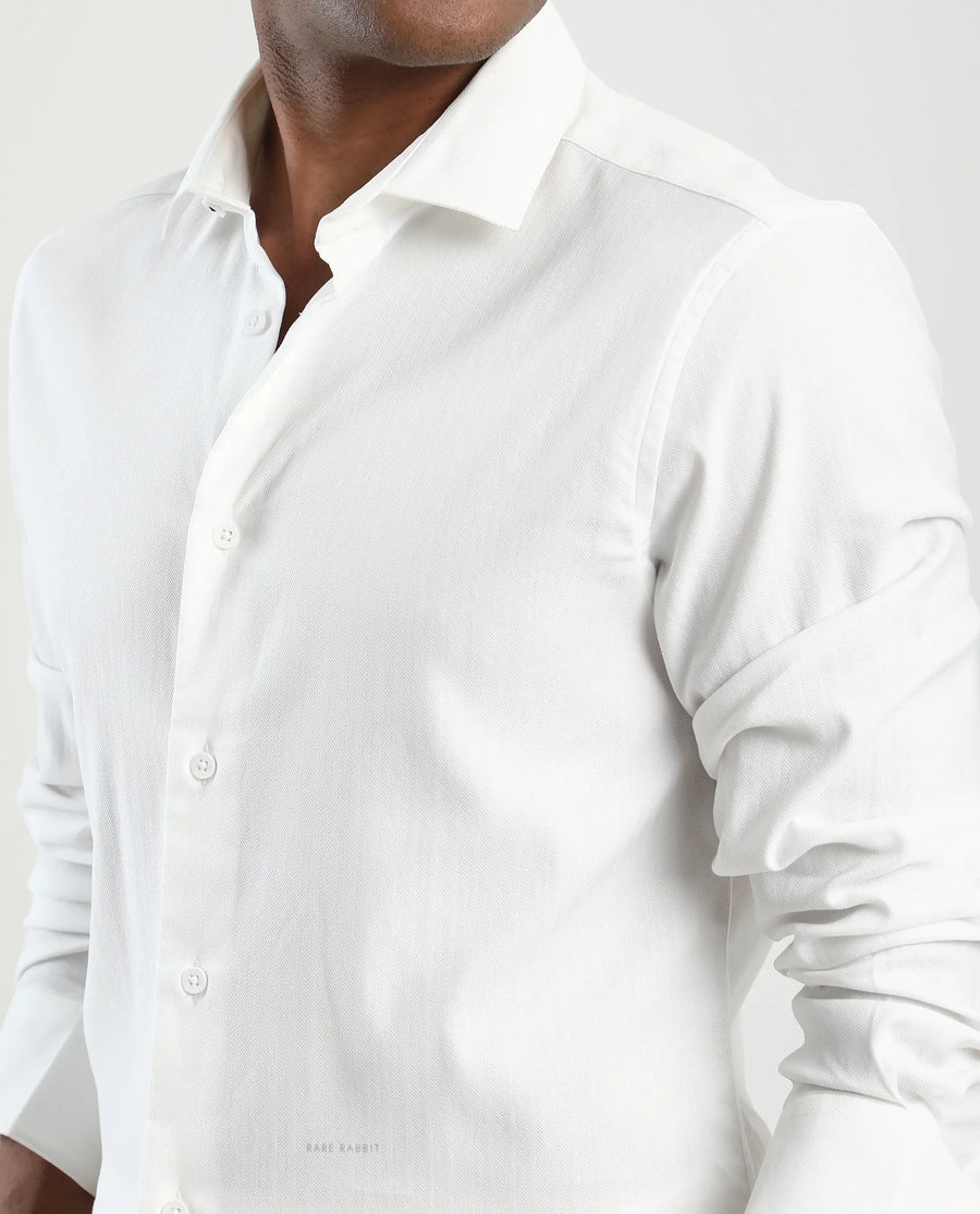 Rare Rabbit Men's Mero-25 White Viscose Blend Striped Print Regular Fit Full Sleeve Collared Shirt