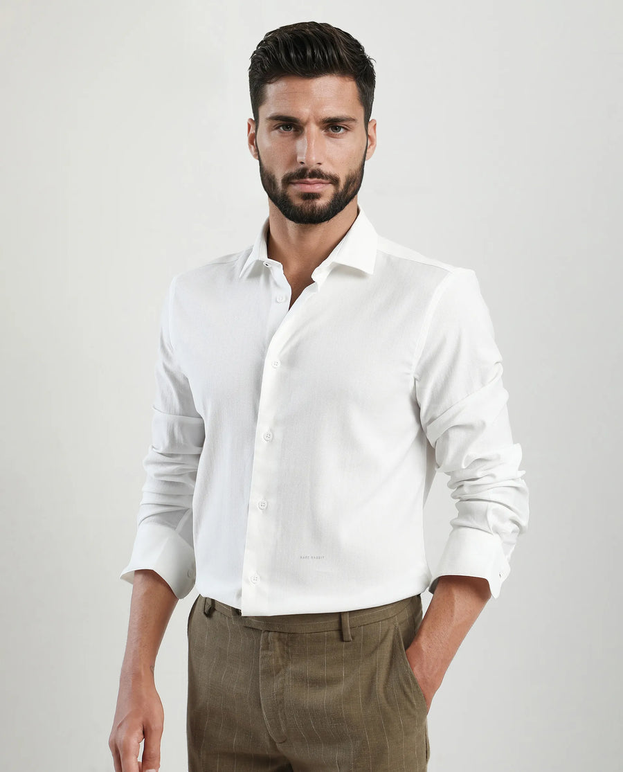 Rare Rabbit Men's Mero-25 White Viscose Blend Striped Print Regular Fit Full Sleeve Collared Shirt