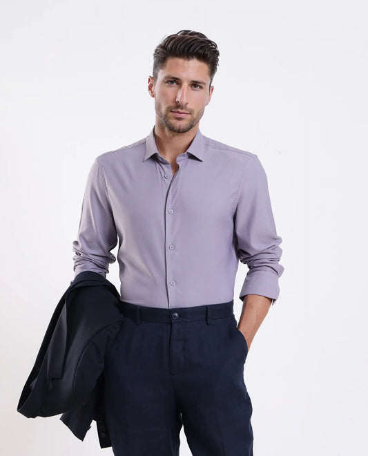 Rare Rabbit Men's Mero-25 Light Purple Viscose Blend Striped Print Regular Fit Full Sleeve Collared Shirt