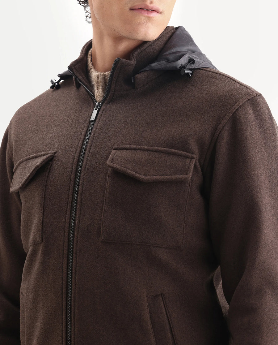Rare Rabbit Men's Meron-25 Dark Brown Polyester Textured Relaxed Fit Full Sleeve Hooded Jacket