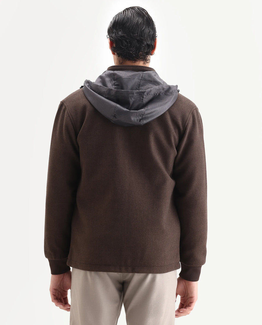 Rare Rabbit Men's Meron-25 Dark Brown Polyester Textured Relaxed Fit Full Sleeve Hooded Jacket