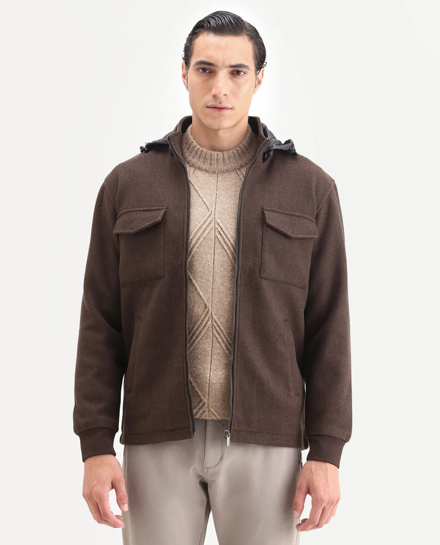 Rare Rabbit Men's Meron-25 Dark Brown Polyester Textured Relaxed Fit Full Sleeve Hooded Jacket