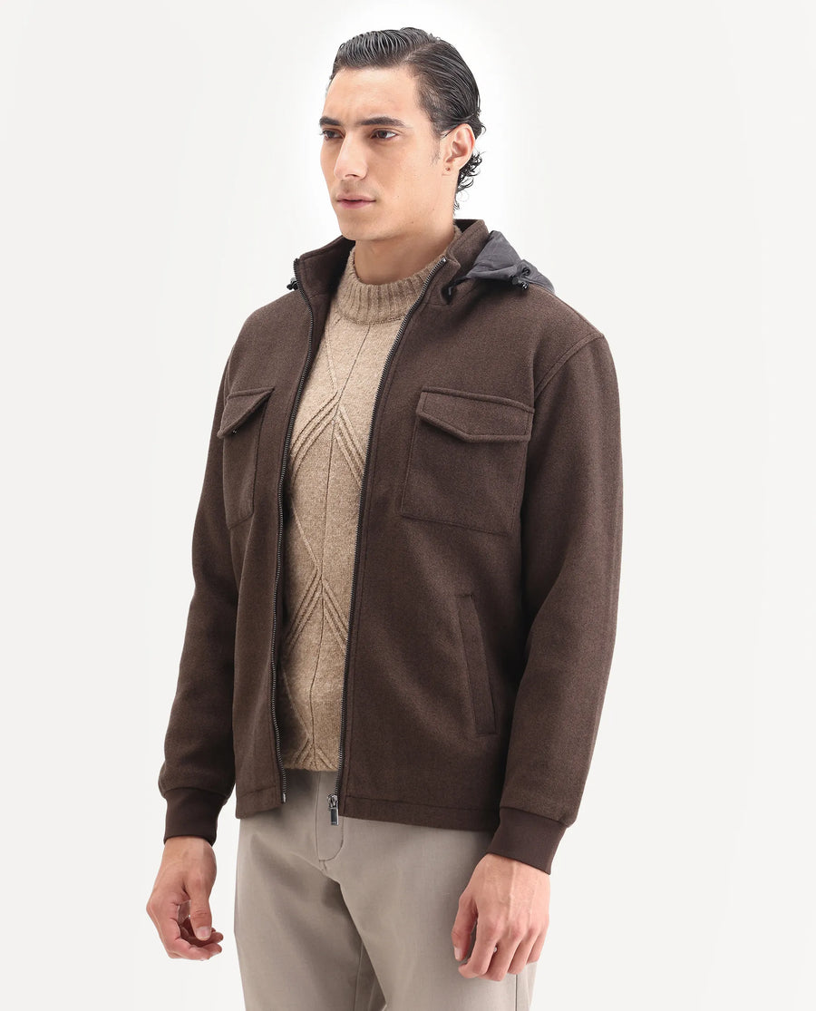 Rare Rabbit Men's Meron-25 Dark Brown Polyester Textured Relaxed Fit Full Sleeve Hooded Jacket