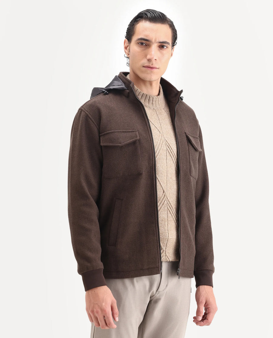 Rare Rabbit Men's Meron-25 Dark Brown Polyester Textured Relaxed Fit Full Sleeve Hooded Jacket