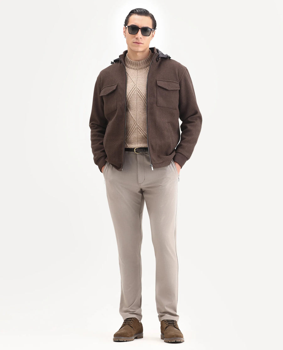 Rare Rabbit Men's Meron-25 Dark Brown Polyester Textured Relaxed Fit Full Sleeve Hooded Jacket