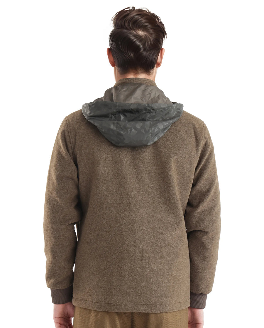 Rare Rabbit Men's Meron Olive Polyester Textured Relaxed Fit Full Sleeve Hooded Jacket