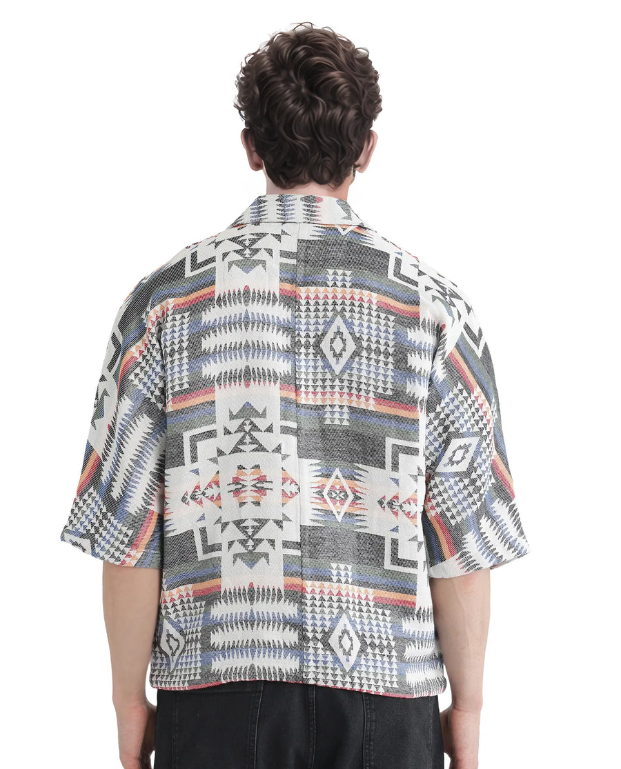 Rare Rabbit Men's Merton White Cotton Jacquard Boxy Fit Half Sleeve Collared Shirt
