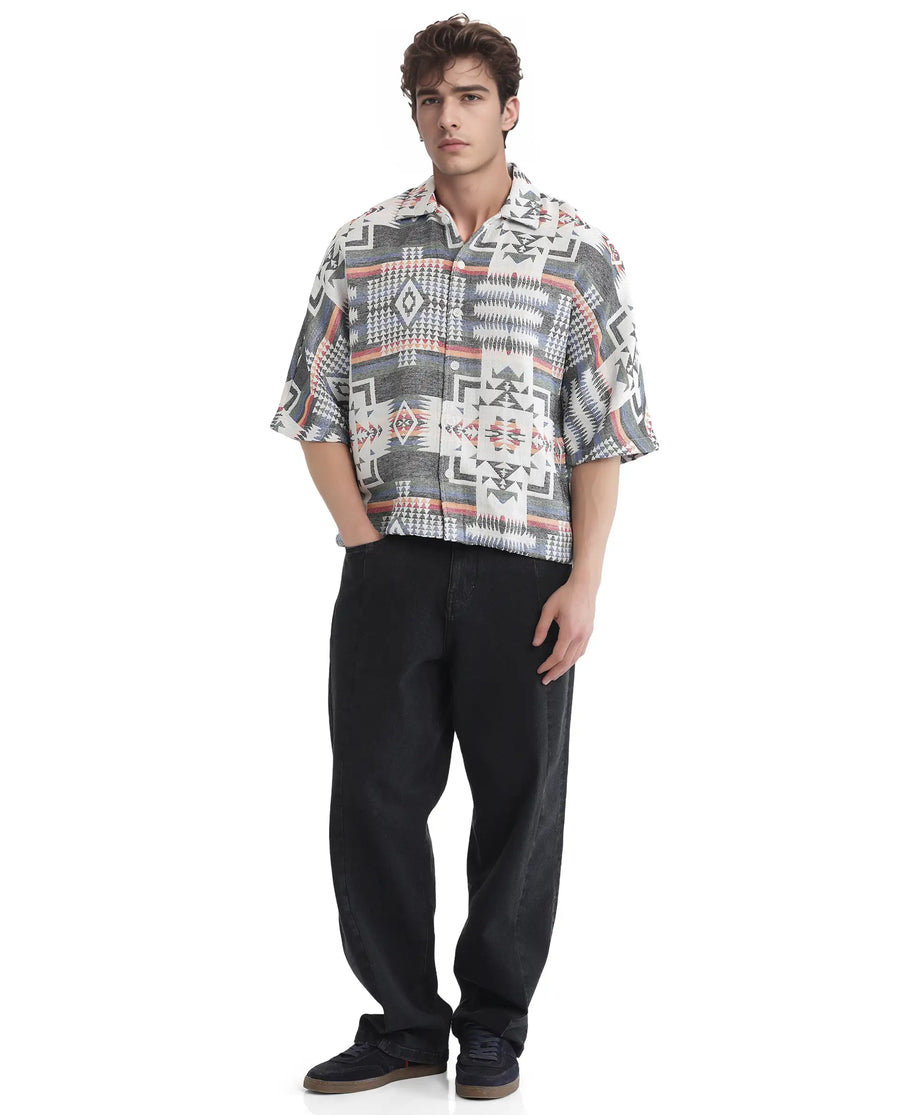 Rare Rabbit Men's Merton White Cotton Jacquard Boxy Fit Half Sleeve Collared Shirt