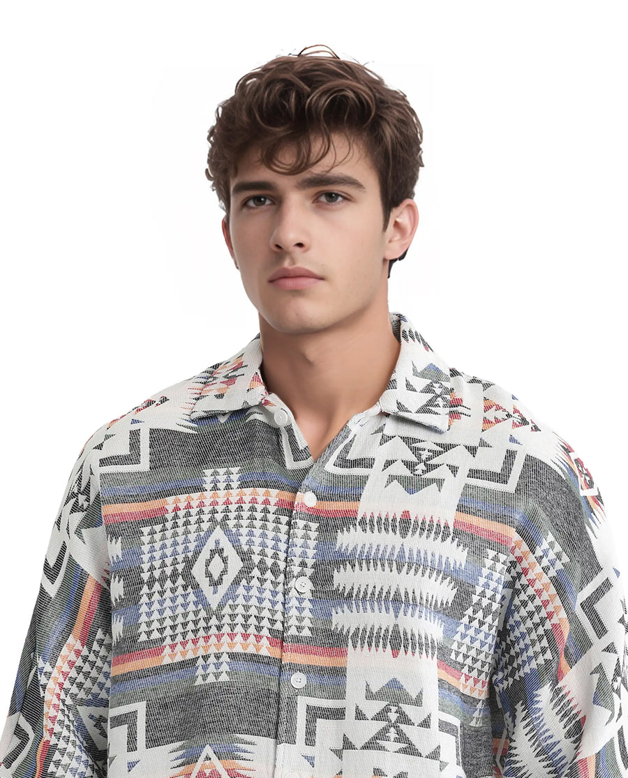 Rare Rabbit Men's Merton White Cotton Jacquard Boxy Fit Half Sleeve Collared Shirt