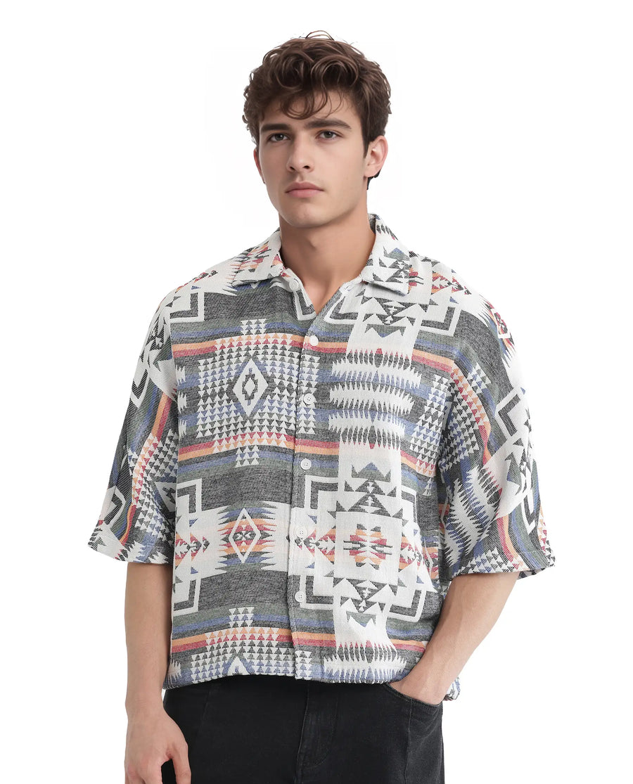 Rare Rabbit Men's Merton White Cotton Jacquard Boxy Fit Half Sleeve Collared Shirt