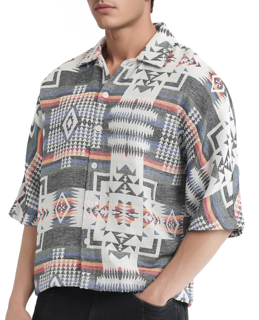 Rare Rabbit Men's Merton White Cotton Jacquard Boxy Fit Half Sleeve Collared Shirt