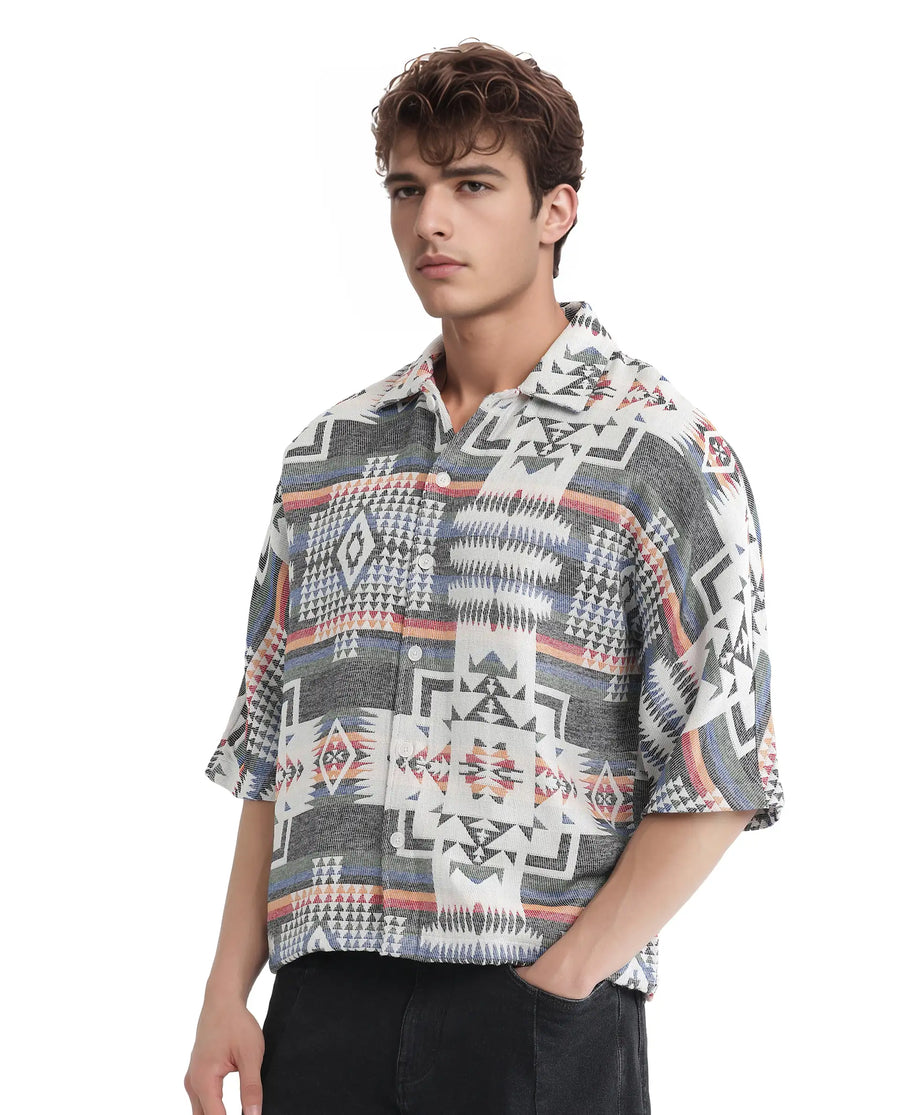Rare Rabbit Men's Merton White Cotton Jacquard Boxy Fit Half Sleeve Collared Shirt
