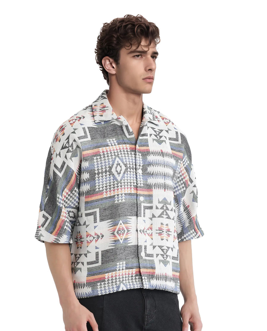 Rare Rabbit Men's Merton White Cotton Jacquard Boxy Fit Half Sleeve Collared Shirt