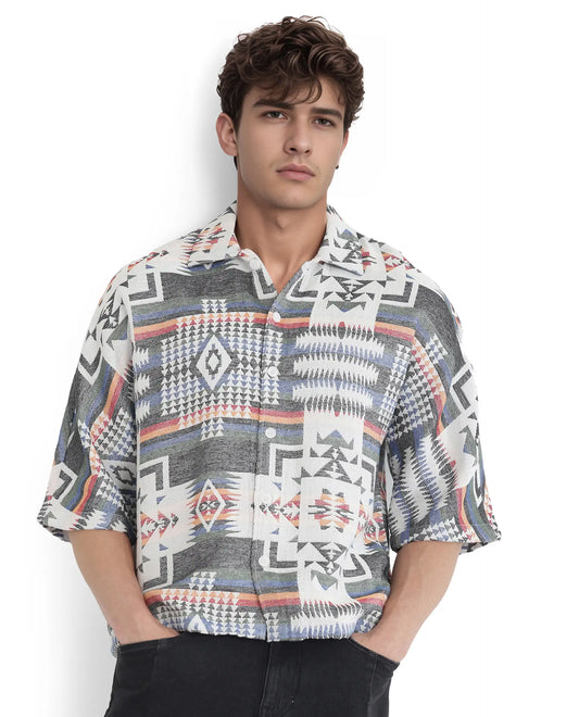 Rare Rabbit Men's Merton White Cotton Jacquard Boxy Fit Half Sleeve Collared Shirt