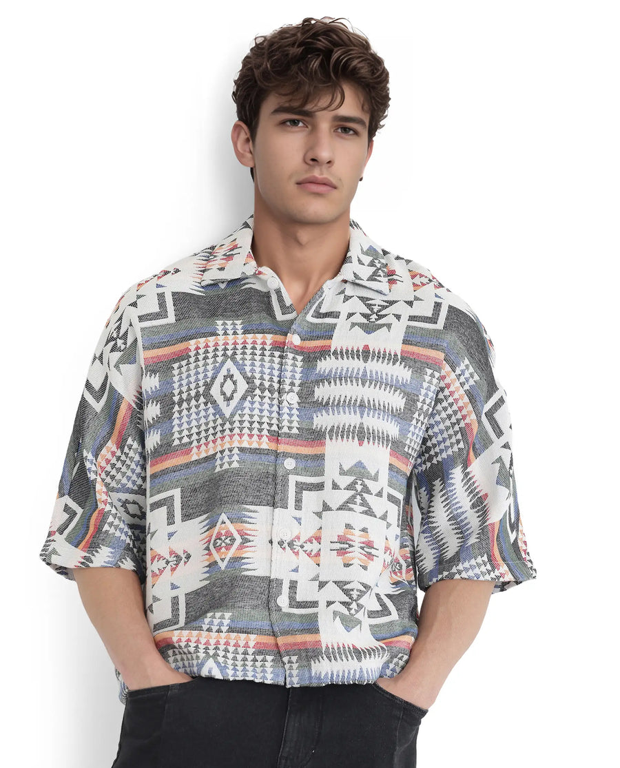 Rare Rabbit Men's Merton White Cotton Jacquard Boxy Fit Half Sleeve Collared Shirt