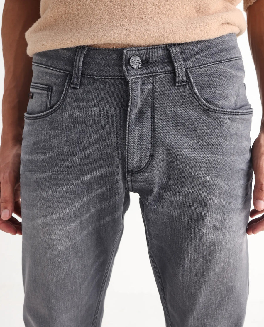 Rare Rabbit Men's Mesa Grey Cotton Blend Plain Hawk Slim Fit Jeans