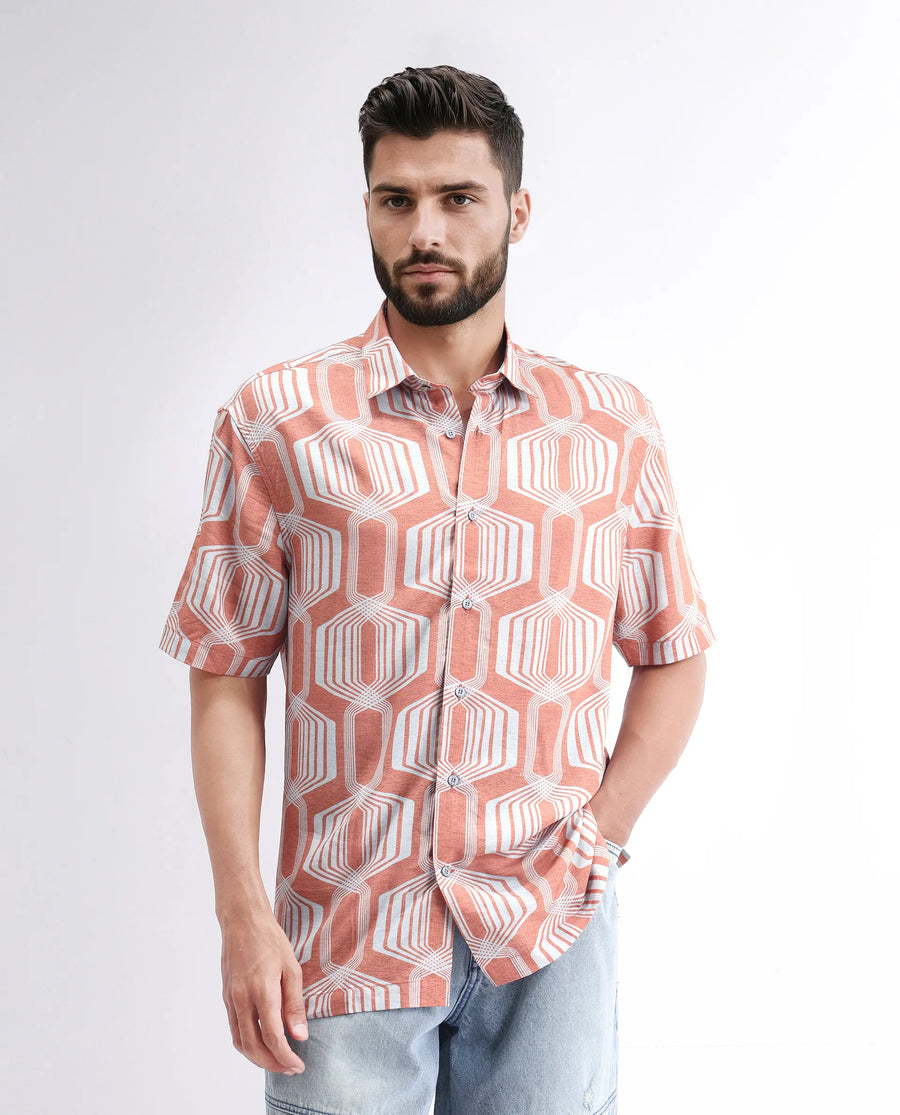 Rare Rabbit Men's Met Brown Viscose Geometric Print Regular Fit Half Sleeve Collared Shirt