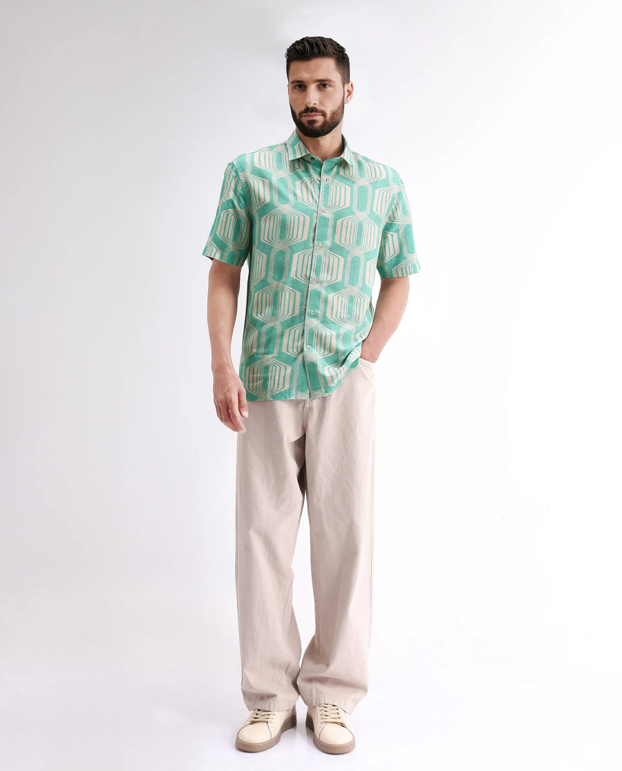 Rare Rabbit Men's Met Turq Viscose Geometric Print Regular Fit Half Sleeve Collared Shirt