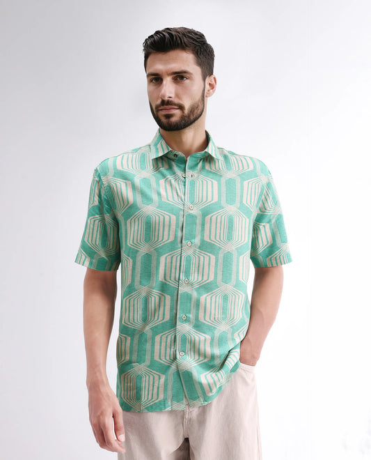 Rare Rabbit Men's Met Turq Viscose Geometric Print Regular Fit Half Sleeve Collared Shirt