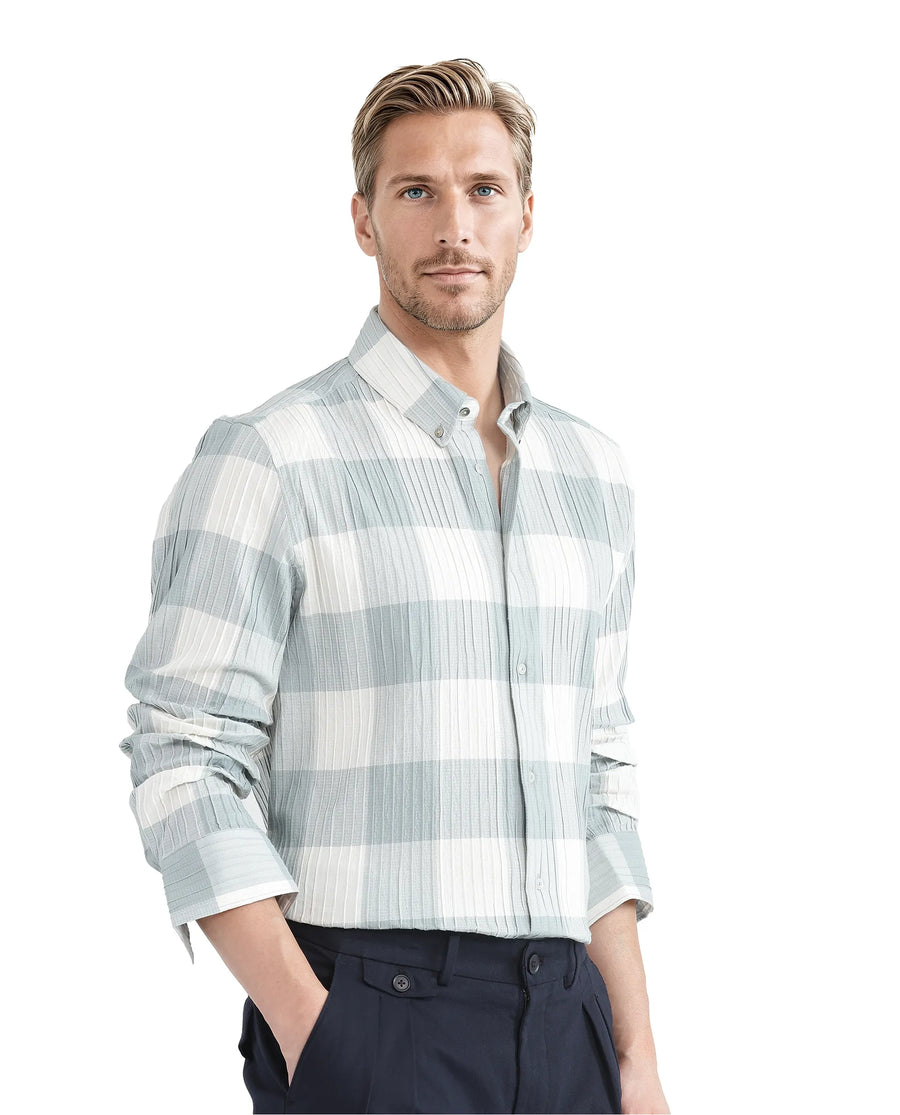 Rare Rabbit Men's Mew Turq Cotton Checked Print Regular Fit Half Sleeve Collared Shirt