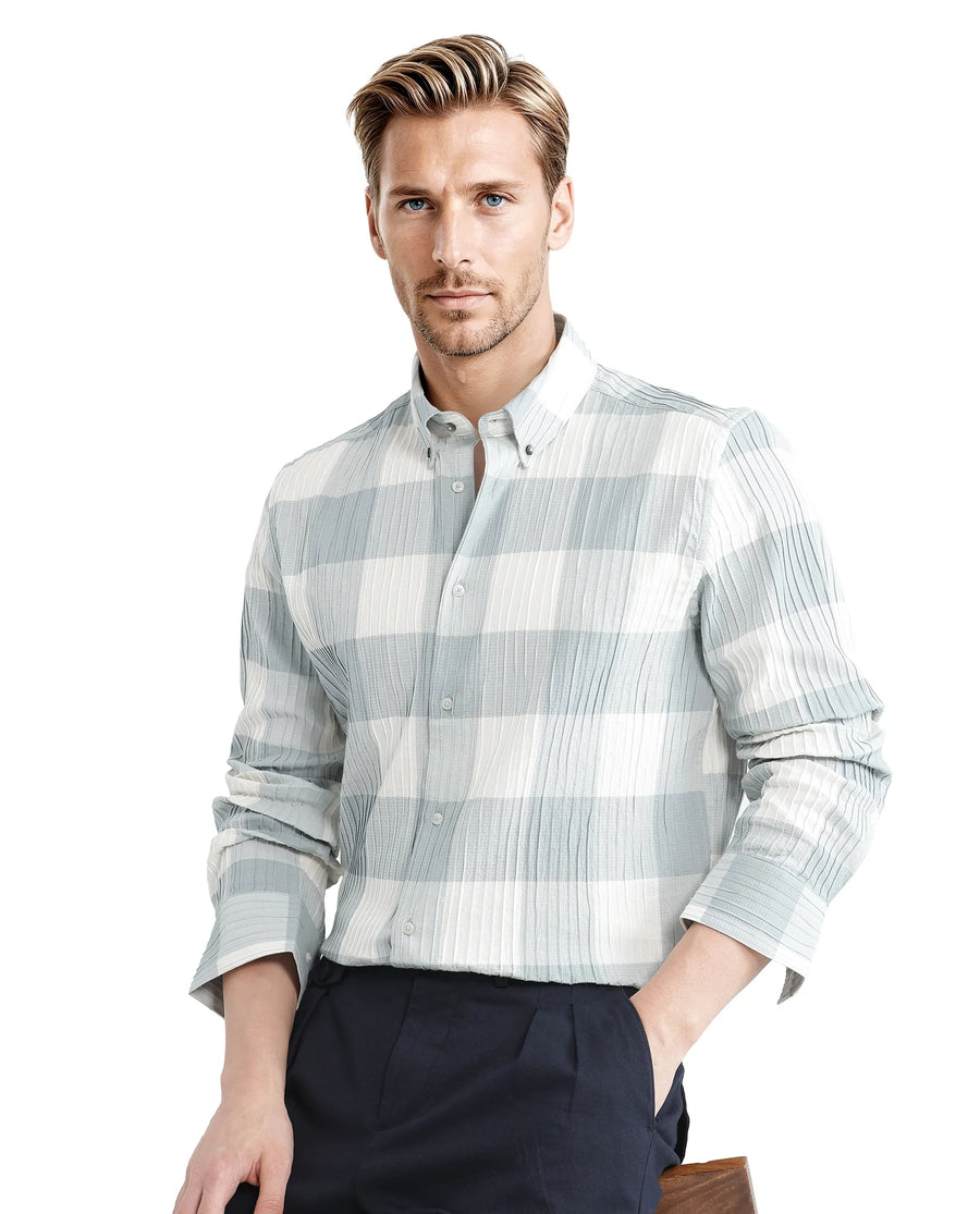 Rare Rabbit Men's Mew Turq Cotton Checked Print Regular Fit Half Sleeve Collared Shirt