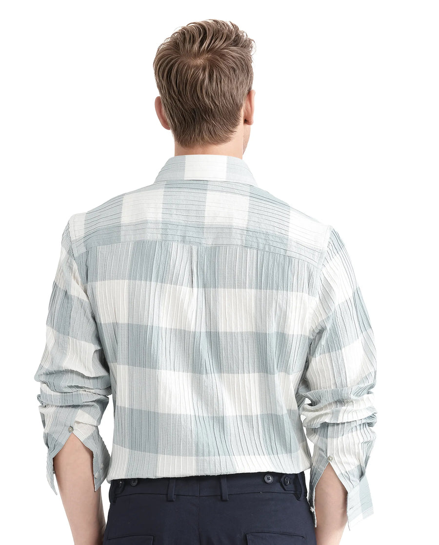 Rare Rabbit Men's Mew Turq Cotton Checked Print Regular Fit Half Sleeve Collared Shirt