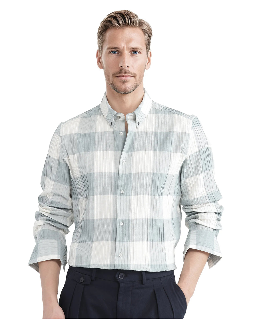 Rare Rabbit Men's Mew Turq Cotton Checked Print Regular Fit Half Sleeve Collared Shirt