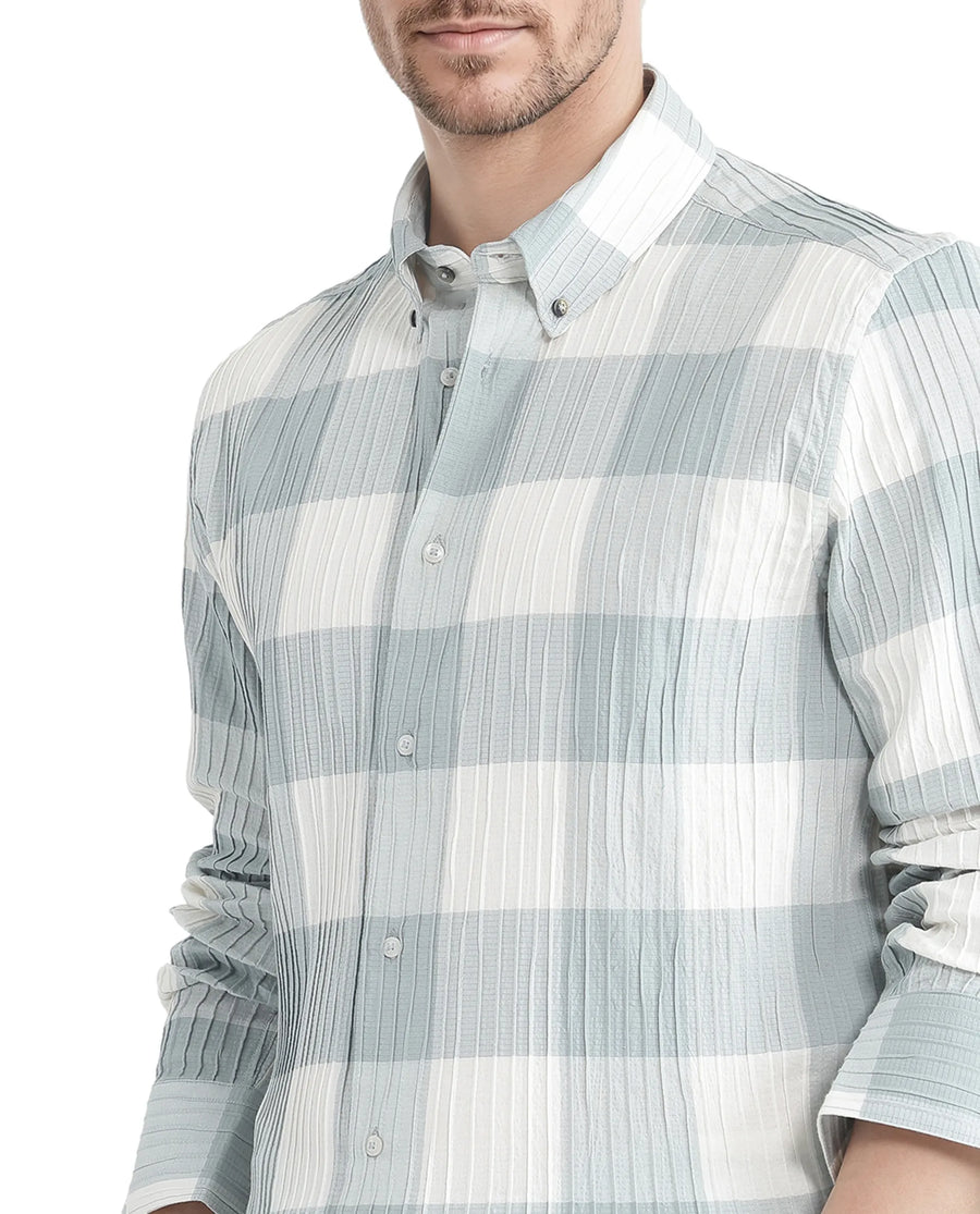 Rare Rabbit Men's Mew Turq Cotton Checked Print Regular Fit Half Sleeve Collared Shirt