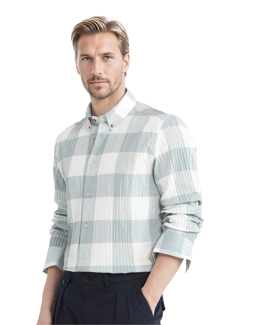 Rare Rabbit Men's Mew Turq Cotton Checked Print Regular Fit Half Sleeve Collared Shirt