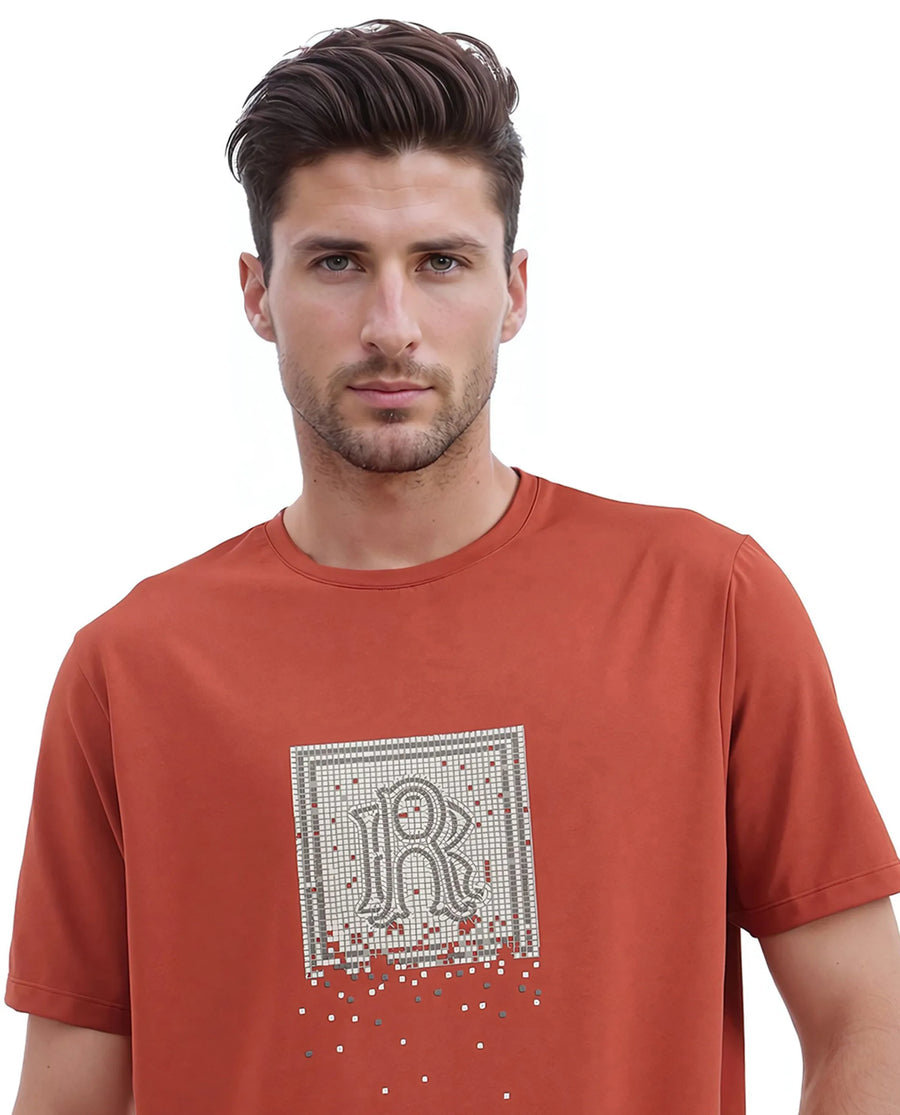 Rare Rabbit Men's Mezoc Dark Rust Cotton Blend Graphic Print Relaxed Fit Half Sleeve Crew Neck T-Shirt