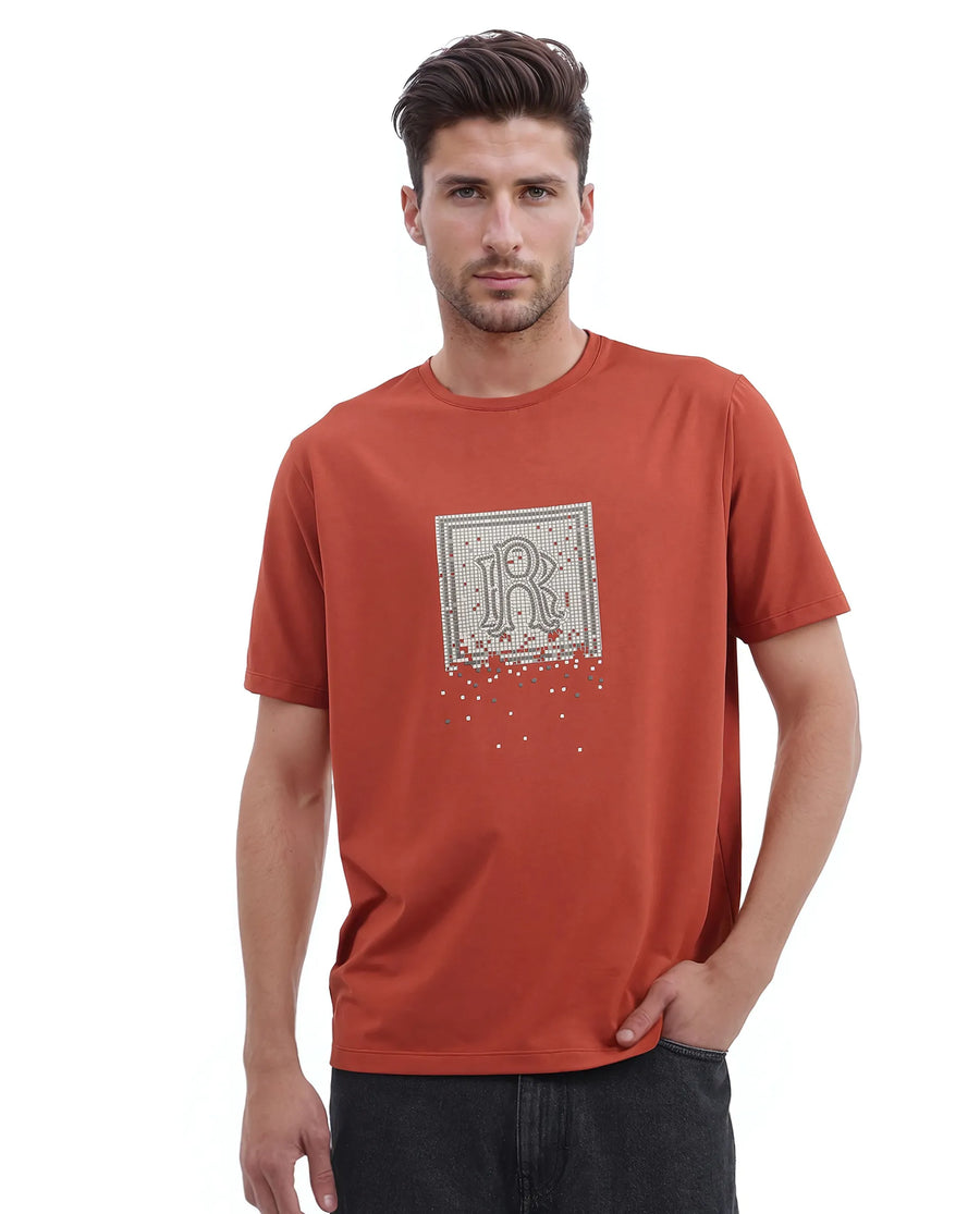 Rare Rabbit Men's Mezoc Dark Rust Cotton Blend Graphic Print Relaxed Fit Half Sleeve Crew Neck T-Shirt
