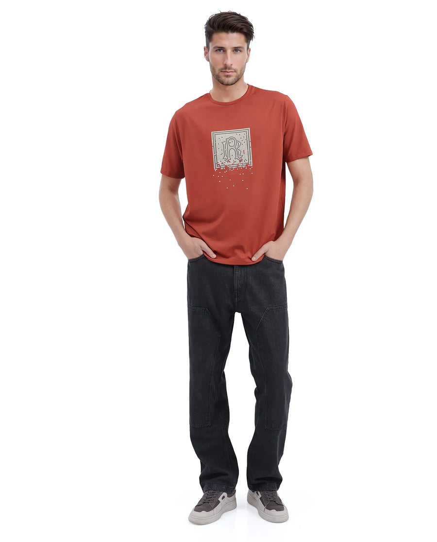 Rare Rabbit Men's Mezoc Dark Rust Cotton Blend Graphic Print Relaxed Fit Half Sleeve Crew Neck T-Shirt