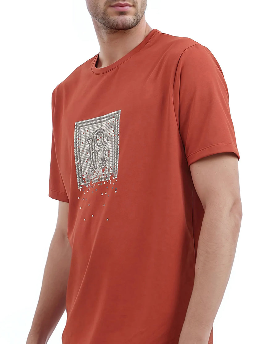 Rare Rabbit Men's Mezoc Dark Rust Cotton Blend Graphic Print Relaxed Fit Half Sleeve Crew Neck T-Shirt
