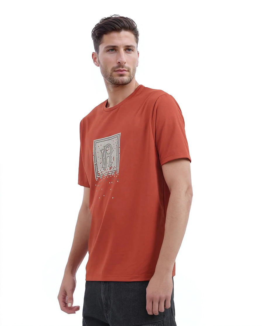 Rare Rabbit Men's Mezoc Dark Rust Cotton Blend Graphic Print Relaxed Fit Half Sleeve Crew Neck T-Shirt