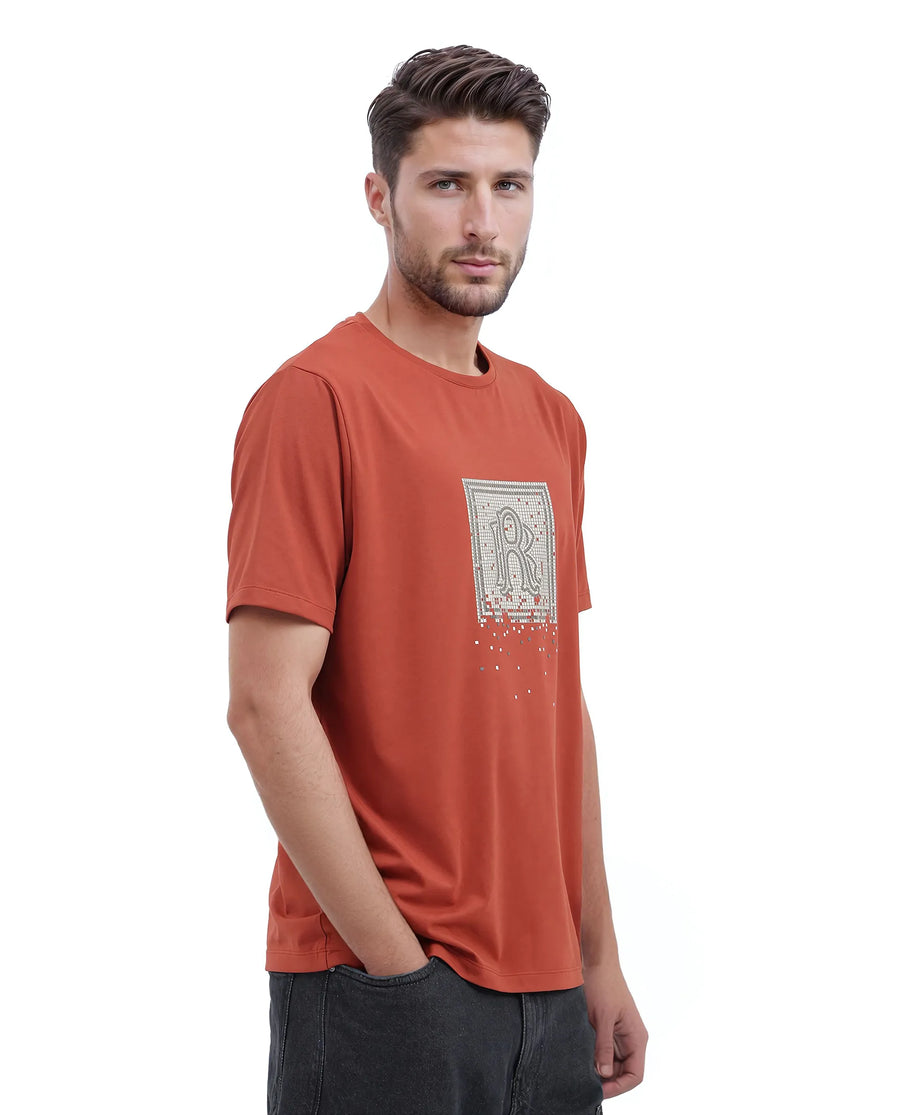 Rare Rabbit Men's Mezoc Dark Rust Cotton Blend Graphic Print Relaxed Fit Half Sleeve Crew Neck T-Shirt