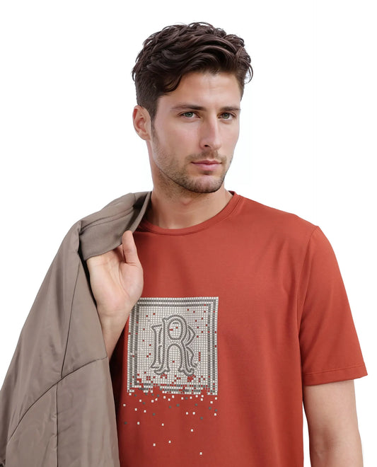 Rare Rabbit Men's Mezoc Dark Rust Cotton Blend Graphic Print Relaxed Fit Half Sleeve Crew Neck T-Shirt