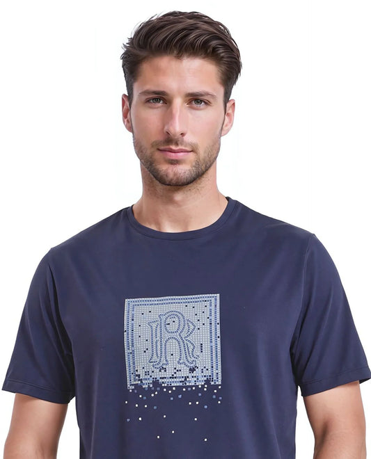 Rare Rabbit Men's Mezoc Navy Cotton Blend Graphic Print Relaxed Fit Half Sleeve Crew Neck T-Shirt