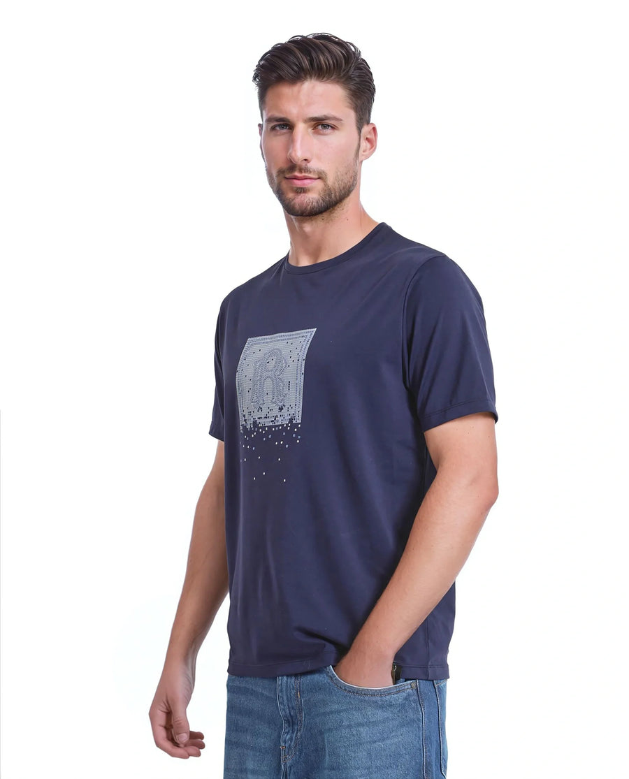 Rare Rabbit Men's Mezoc Navy Cotton Blend Graphic Print Relaxed Fit Half Sleeve Crew Neck T-Shirt