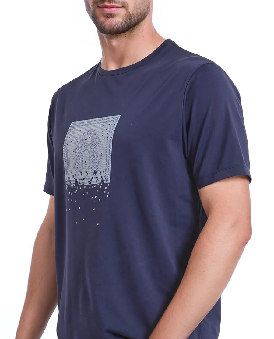 Rare Rabbit Men's Mezoc Navy Cotton Blend Graphic Print Relaxed Fit Half Sleeve Crew Neck T-Shirt