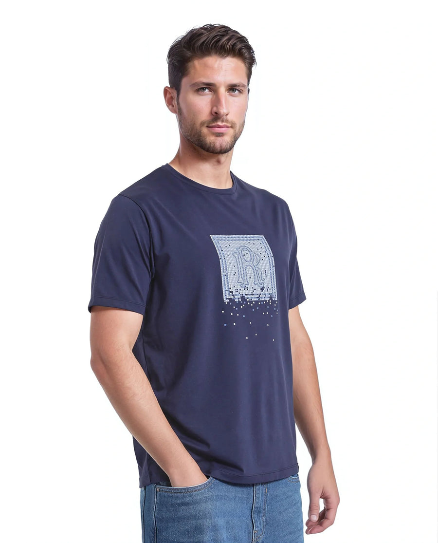 Rare Rabbit Men's Mezoc Navy Cotton Blend Graphic Print Relaxed Fit Half Sleeve Crew Neck T-Shirt